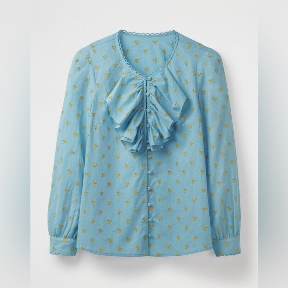 Boden Robins Egg Blue Long Sleeve Blouse, Yellow Embroidered Eyelets Size 12